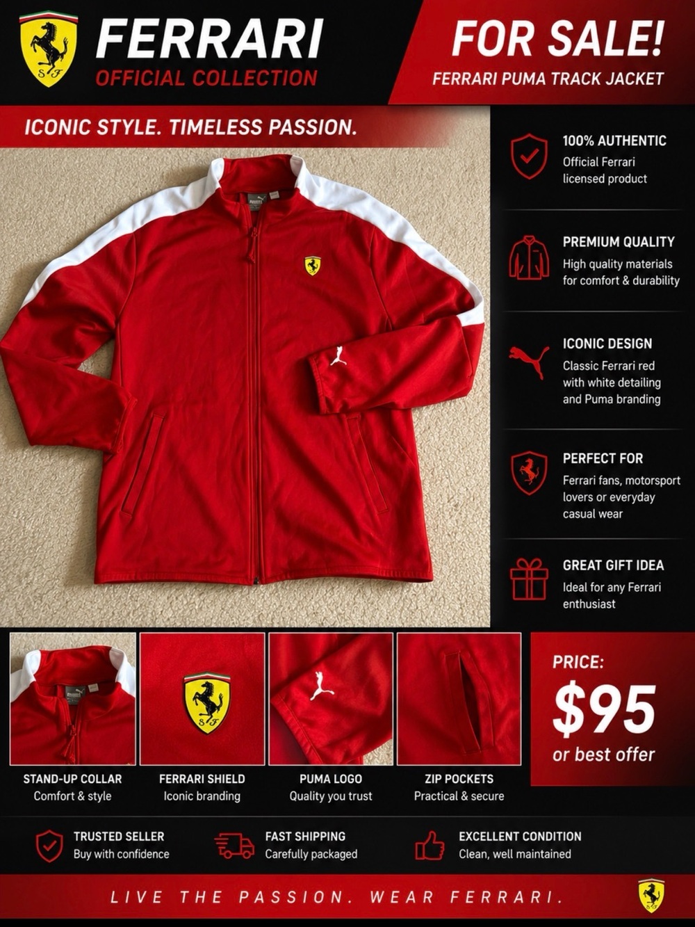 Size L new no tag authentic 100% Puma  x Ferrari Red Track Jacket with White